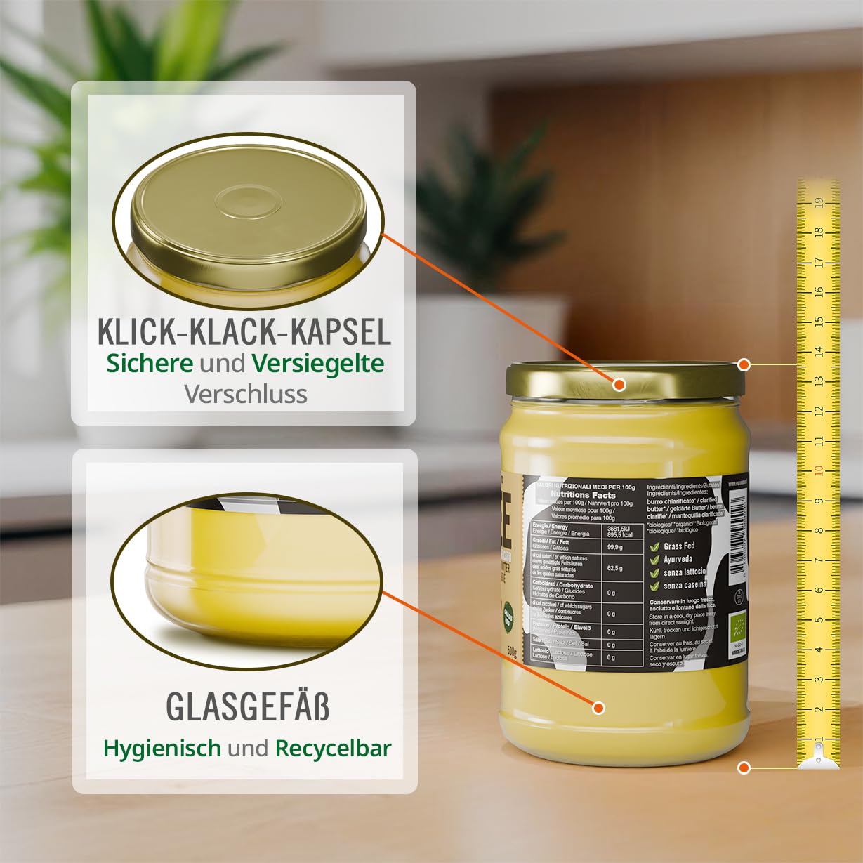 Exponatura Bio-Ghee - Geklärte Butter nach alter ayurvedischer Rezeptur - nur aus der Milch von Weidekühen - laktosefrei, extrem bekömmlich (500 g, Ghee)