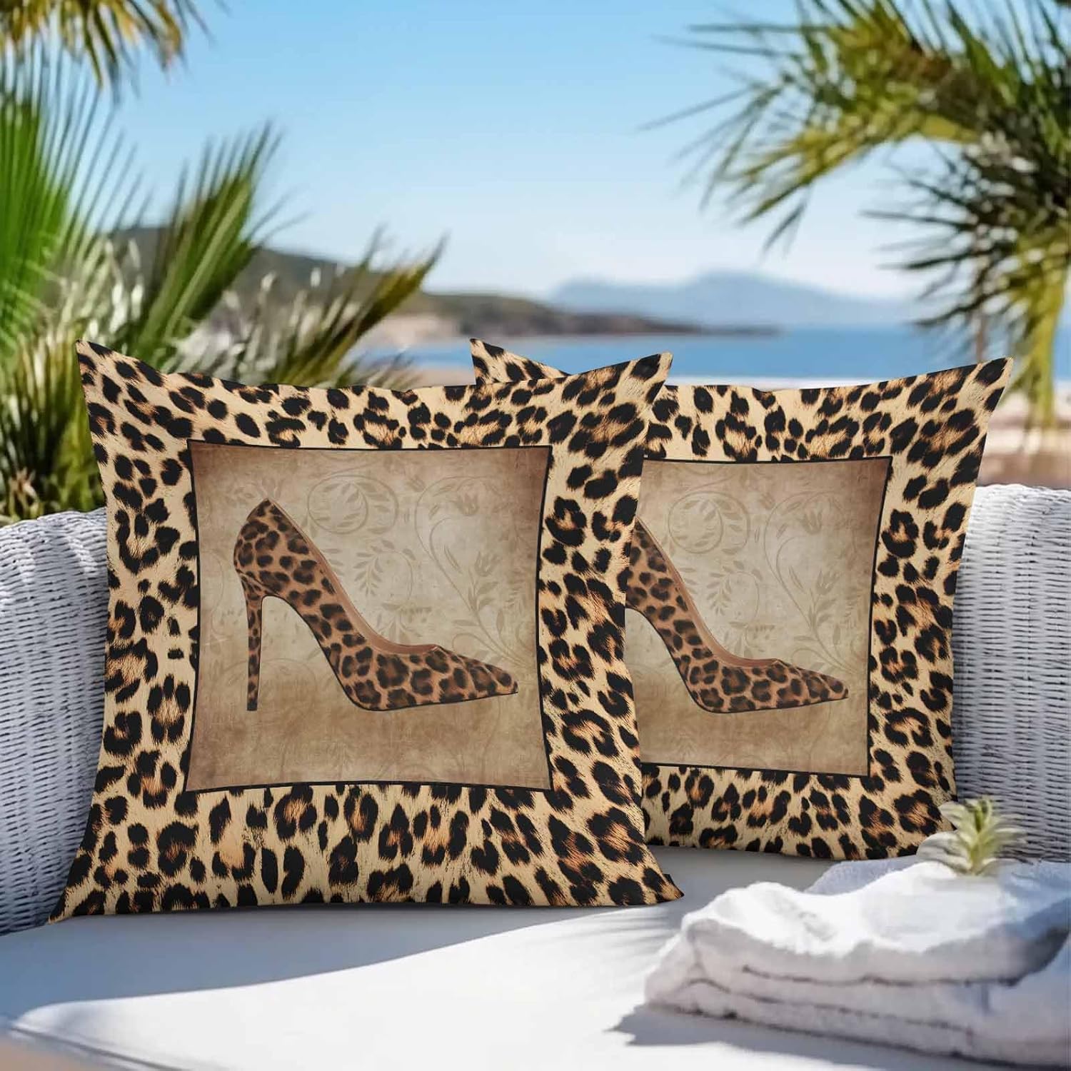 Animals Leopard High Heel Shoes Outdoor Pillow Covers Set of 2, Decorative Waterproof Throw Pillow Case, Animal Skin Dots Texture Cotton Linen Soft Cozy Cushion Pillowcases