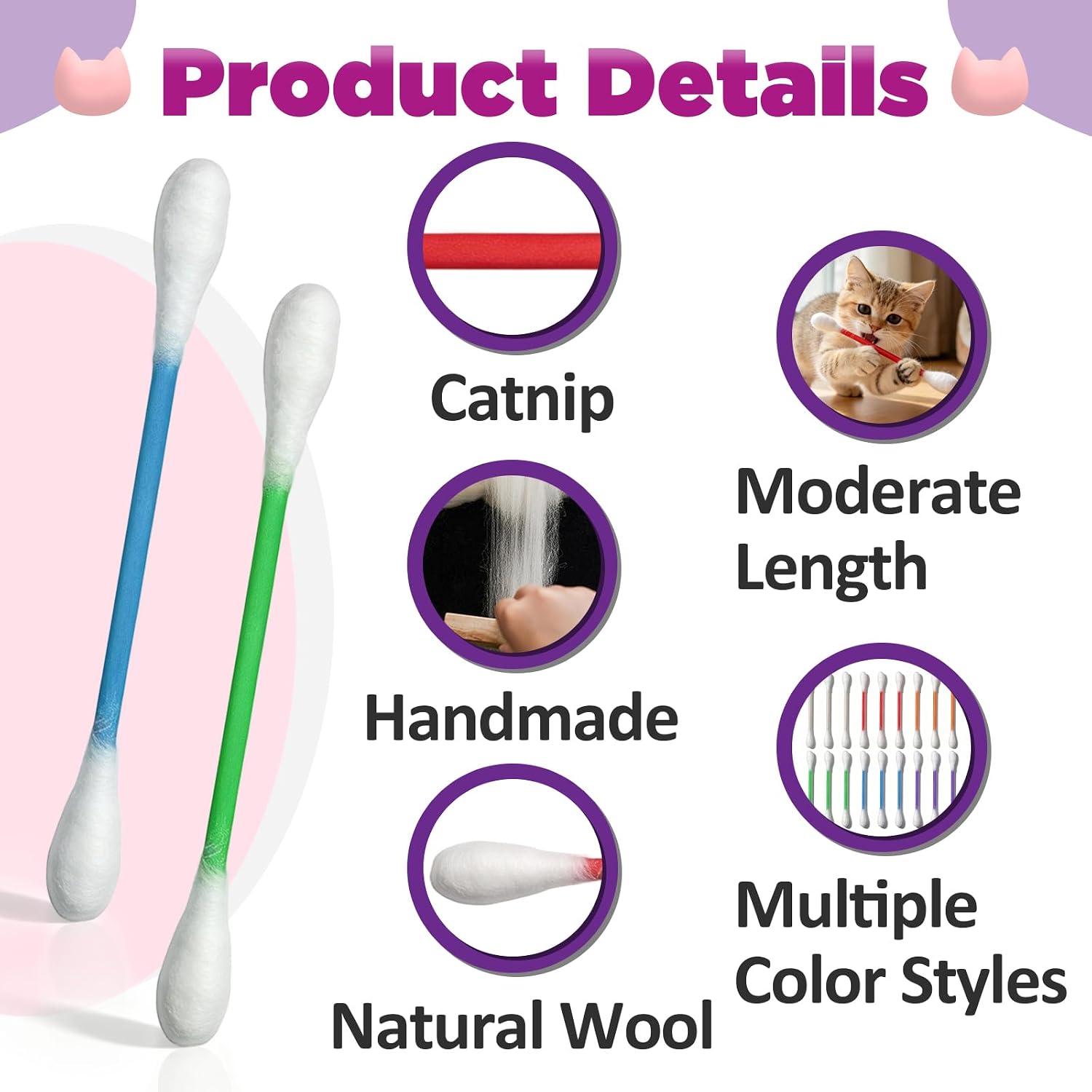 18 Pcs Cotton Swabs Cat with Catnip, Interactive Kitty Kick Sticks | Durable for Chew, Soft Plushfor, for Anxiety and Digestive Aid