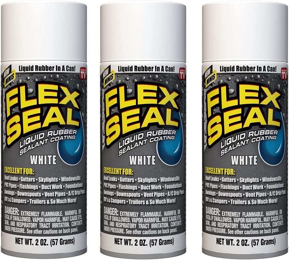 Flex Seal Mini, 3-Pack, White, Stop Leaks Instantly, Waterproof Rubber Spray On Sealant Coating, Travel Size, Perfect for Gutters, Wood, RV, Campers, Roof Repair, Skylights, Windows, and More