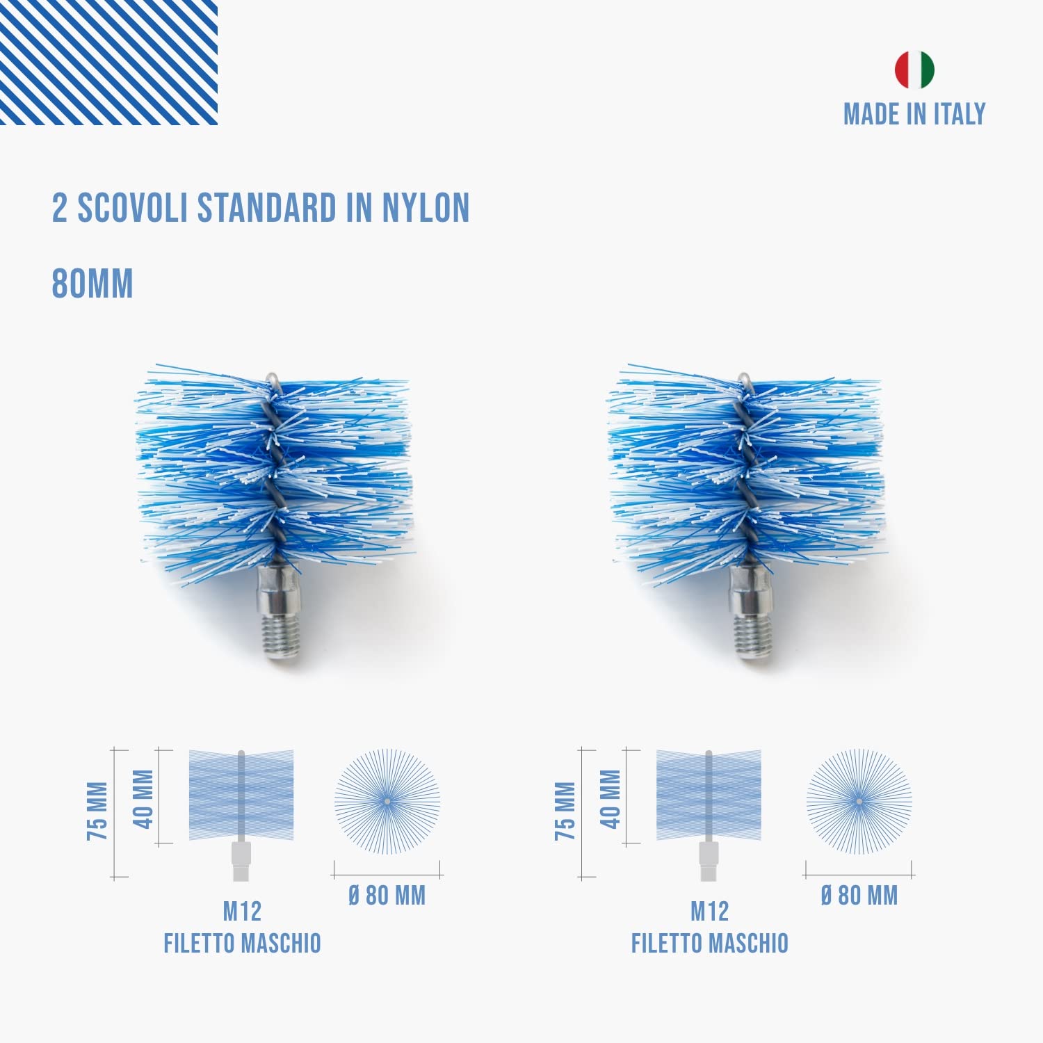BARETTO 2 Spazzole Pulizia Stufa a Pellet Ø 80 mm Attacco M12