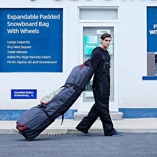 Miniatura 2 de XCMAN Bolsa de snowboard con ruedas, longitud ajustable, extra largaanchaprofunda, impermeable, con varillas de protección 140L