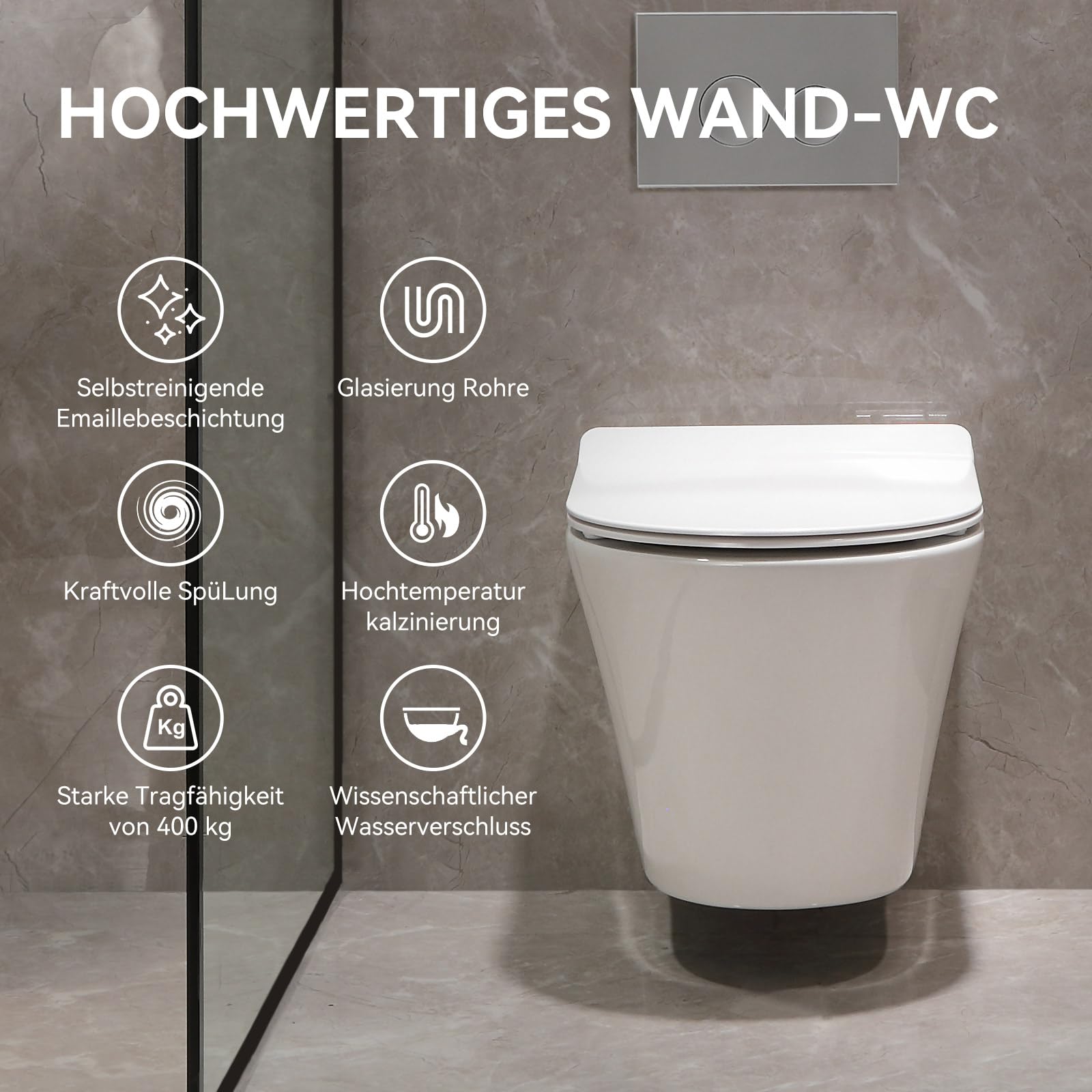 Wisząca toaleta i element podtynkowy, kompletny zestaw WC z podtynkową spłuczką, płyta uruchamiająca WC, bezzapachowa muszla klozetowa, wolnoopadająca pokrywa UF, z powłoką nano