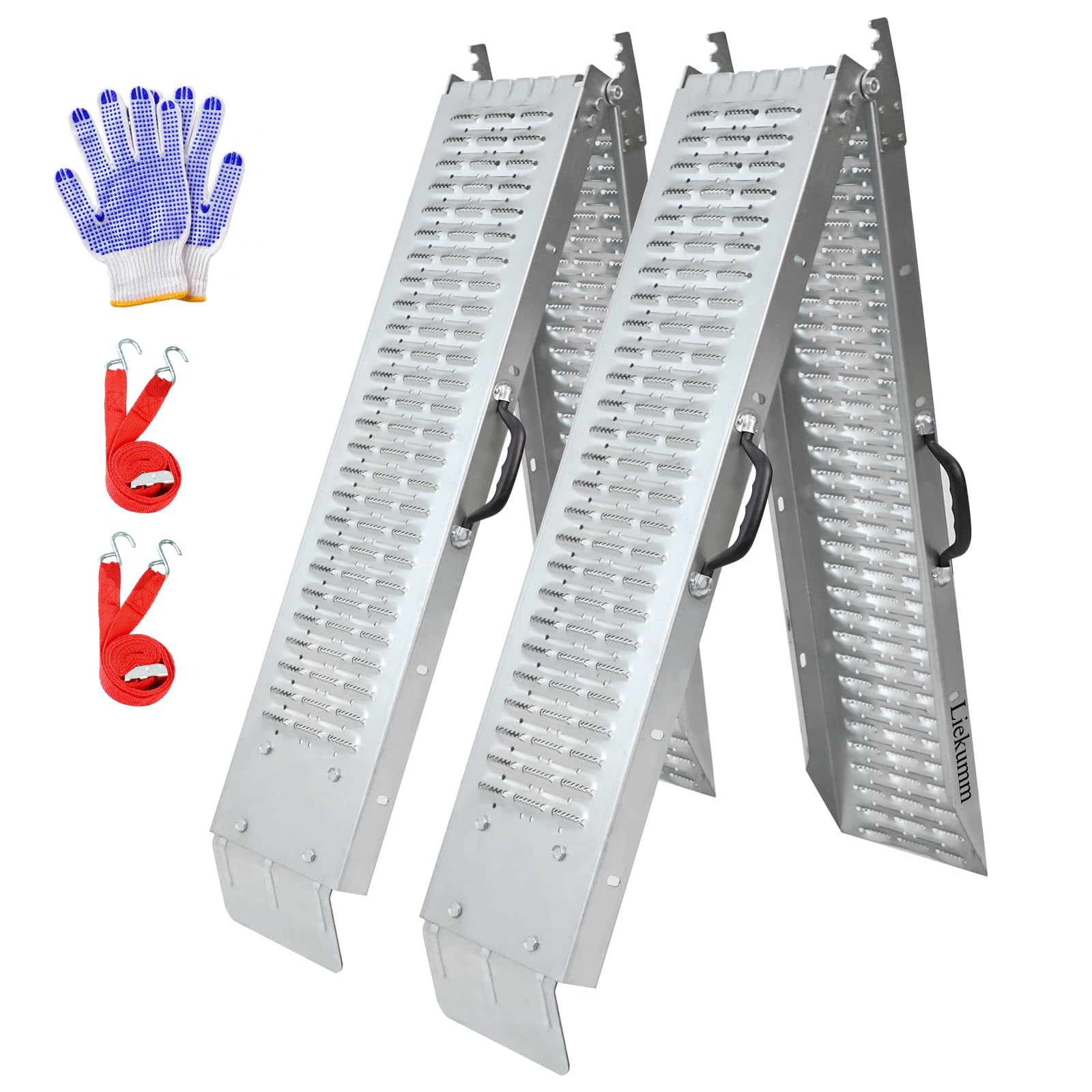 LIEKUMM 2PCS Motorbike Ramp, 188 x 22 cm Van Loading Ramps, 400 kg Capacity per Pair Heavy Duty Folding Ramp, Loading Ramps for Motorbike, ATV, UTV, Lawn Mower with Gloves and Towing Straps