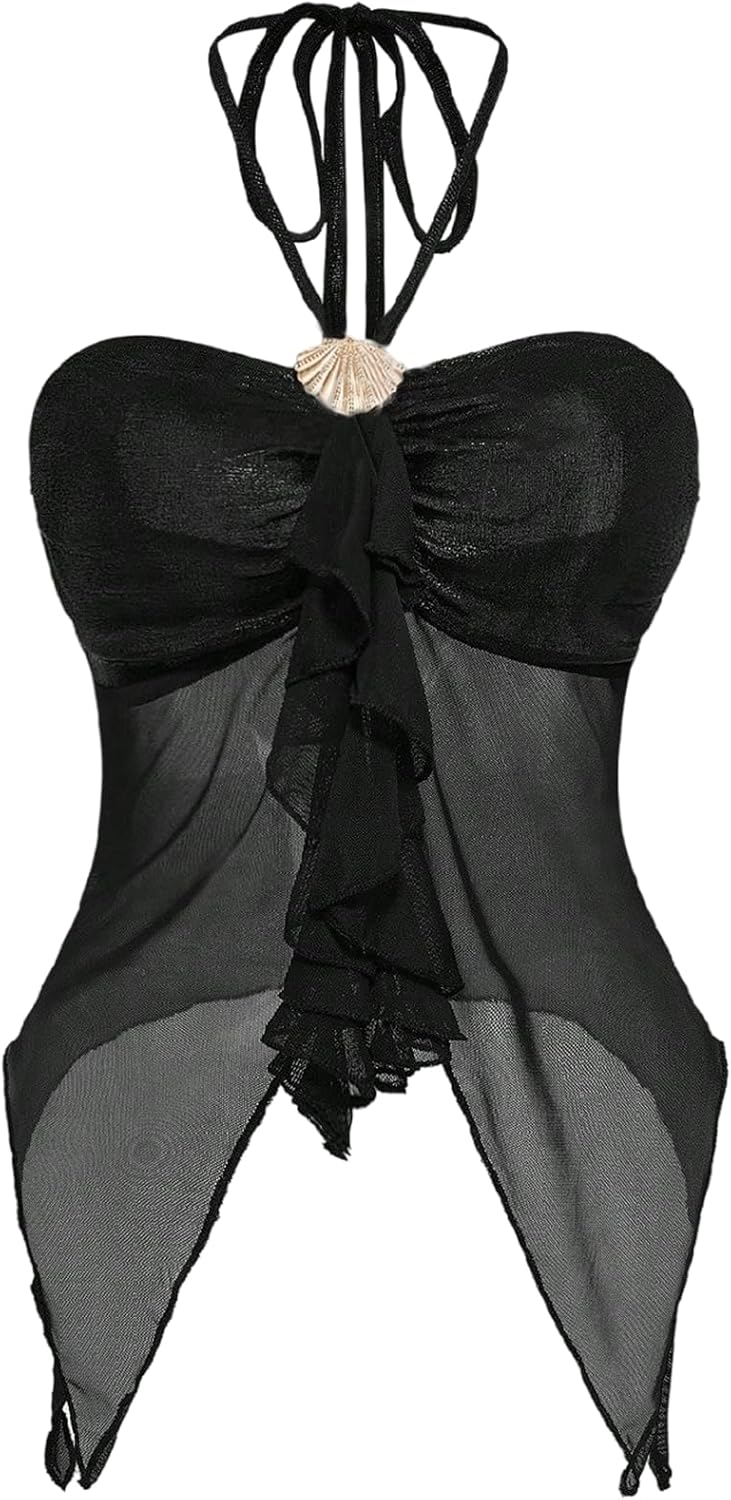MakeMeChic Women's Mesh Halter Tops Metal Seashell Ruched Backless Ruffle Y2k Going Out Top