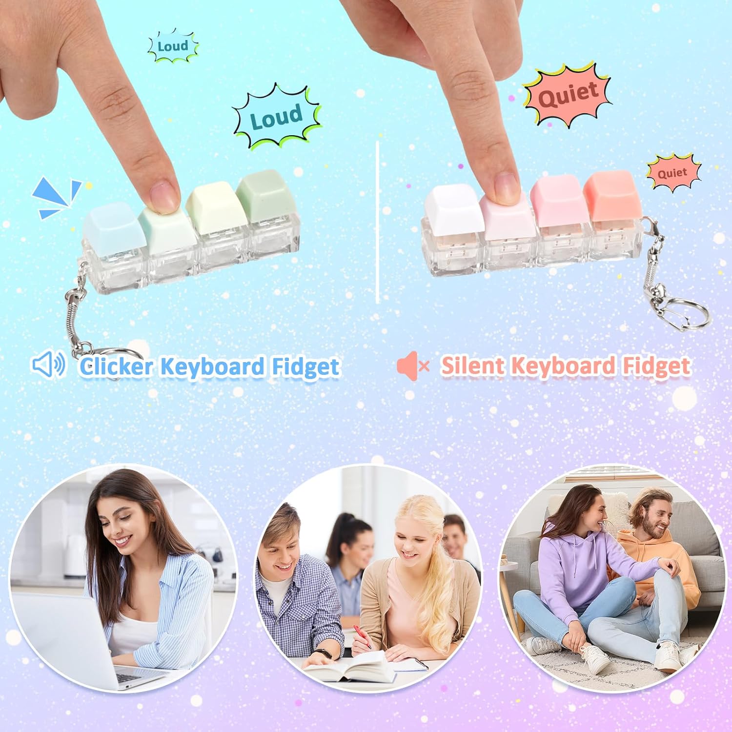 Keyboard Fidget Toys Adults, 2 PCS Fidget Keyboard Keychain Silent Keyboard Clicker Fidget Toy Stress Relief Anxiety Sensory Fidget Toys Colorful Keyboard Fidget Clicker