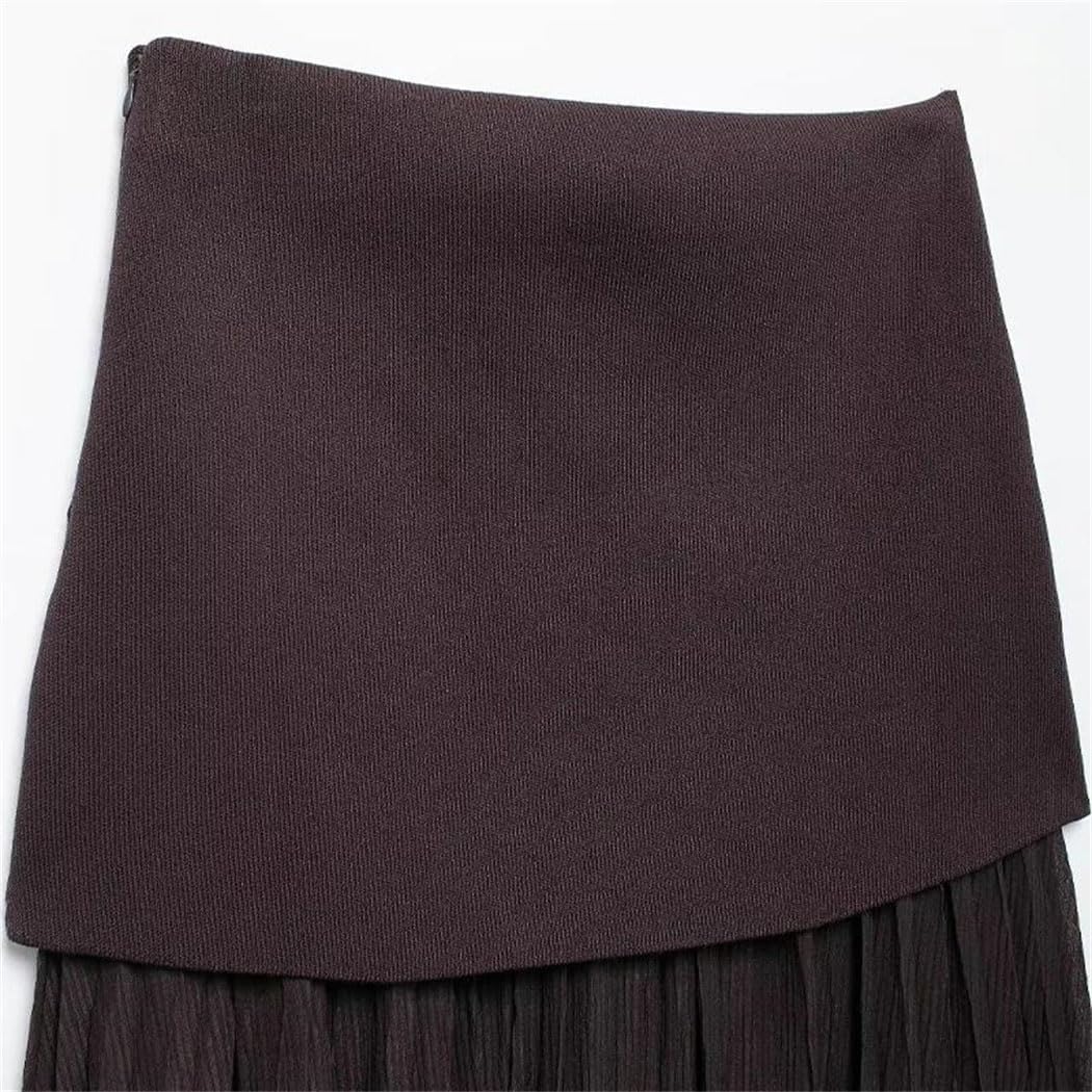 Women's Fashion Knitted Patchwork Pleated Side Zipper Midi Skirt Vintage High Waist Chic Bodycon Pencil Skirt
