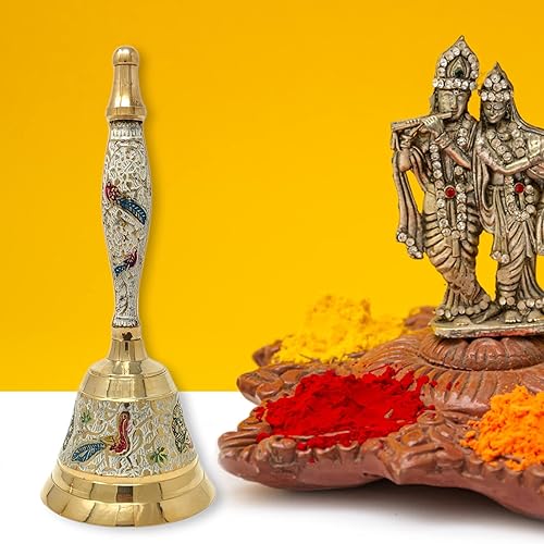 Miniatura 3 de Hashcart Campana de mano de latón  Campana Puja para Mandir  Pooja Ghanti indio para decoraciones de templos Diwali  Campanas de Navidad coloridas