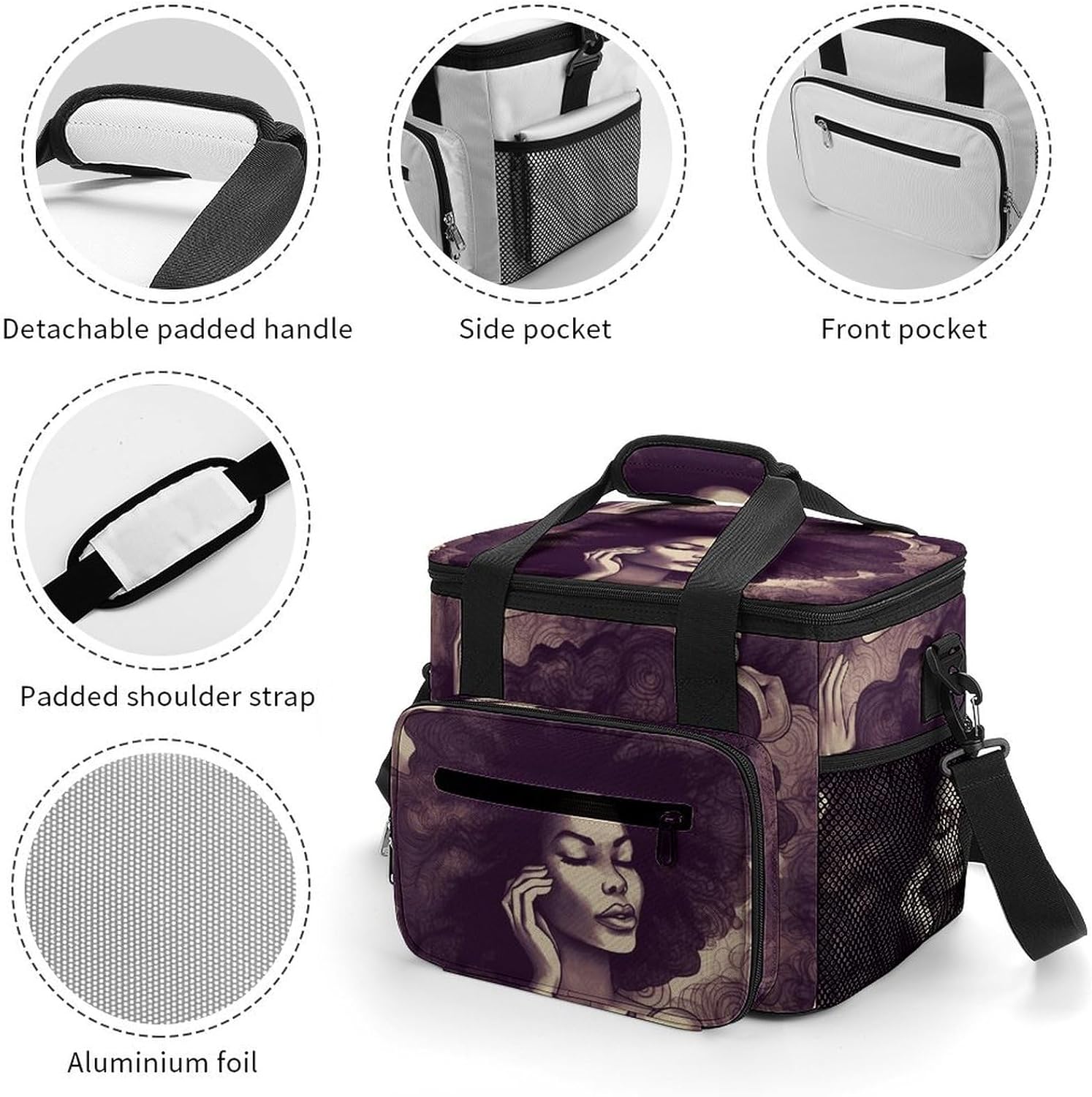 Camping Ice Pack, African Hair Black Women Print Cooler Bag, 22.5L Large Capacity Insulated Lunch Tote Bag for Outdoor, Picnic, BBQ, Travel, Work