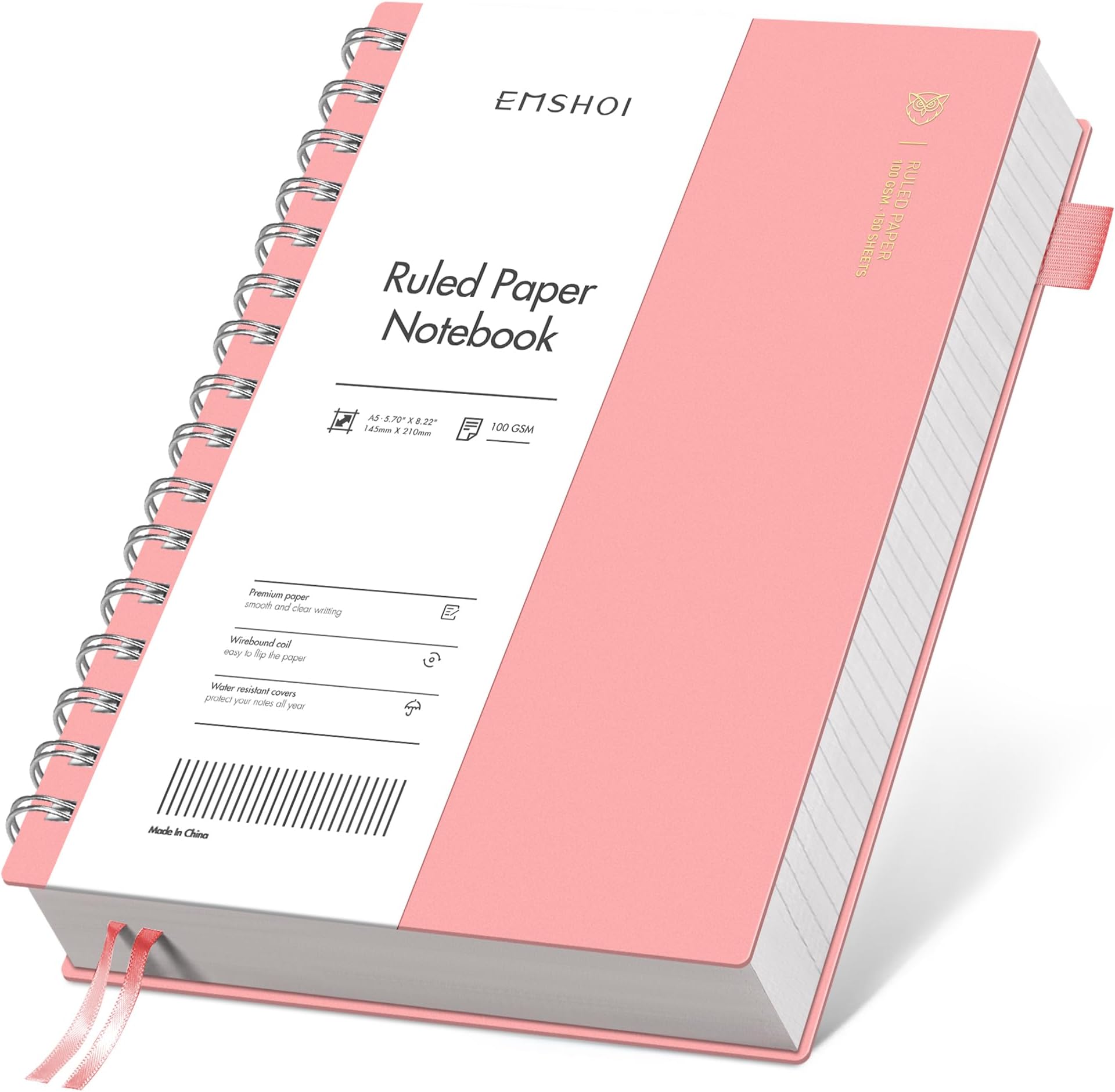 EMSHOI A5 Notebook Lined 300 Pages/150 Sheets, Wirebound Spiral Notepad Multi-coloured, 100gsm Thick Paper, Waterproof Hardcover, Writing Journal for Women Men Work Office School, 14.5 x 21cm, Pink