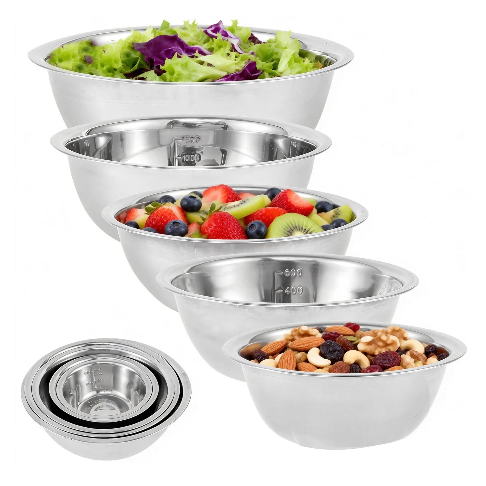 Generisch 5-teiliges Edelstahl-Rührschüssel-Set, multifunktionales Suppenbecken, platzsparend, verschachtelter Salat(Style A)