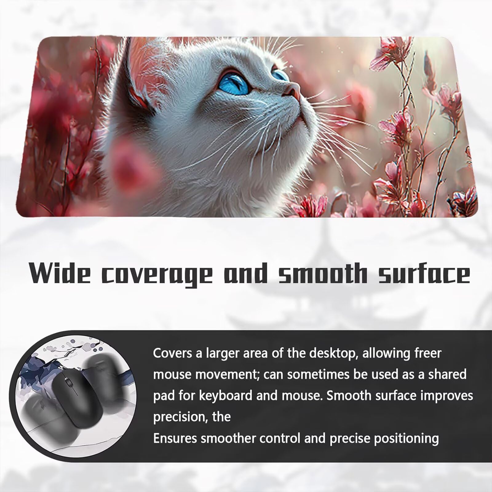 Alfombrilla Ratón Gaming XXL, 90x180cmx3mm, Impermeabile Mousepad, Base Antideslizante de Caucho, Bordes Cosidos, Escritorio Pad, Oficina Regalos, Gato Blanco con Flores En Polvo D7YY-273