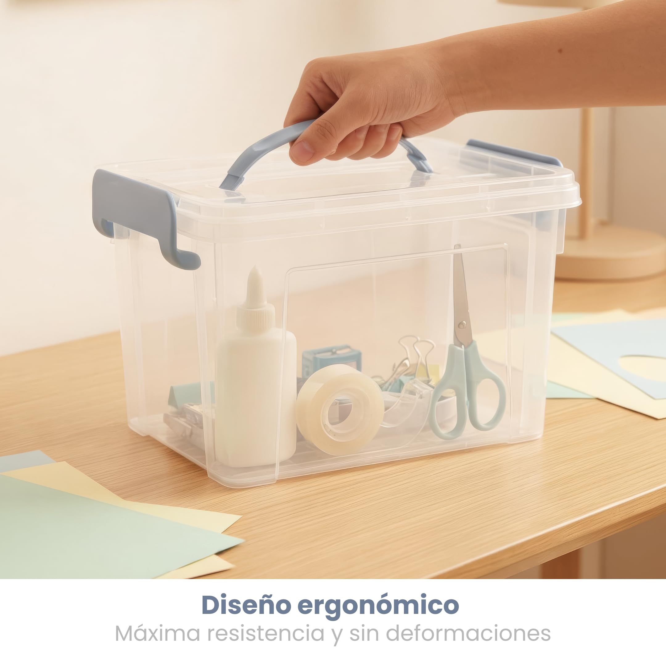PlasticForte – Pack de Cajas de Almacenamiento con Asa de Transporte - Plástico Resistente, Apilables, Transparentes - Organizador (Azul, Pack 6, 12.6, Litros)