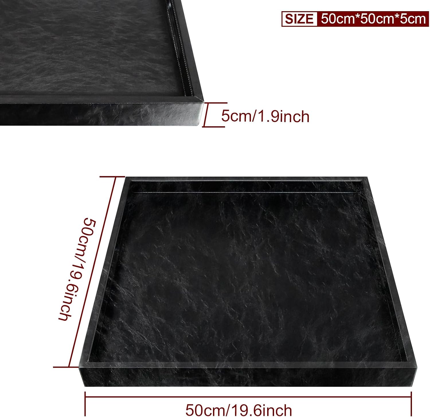 20 * 20 inches Leather Rectangle Serving Tray with Hole Handles,High-End Light Large Service Tray for Ottoman Tray, Tea, Food, Butler - Countertop, Kitchen,Family Dinner, Picnic (Black)