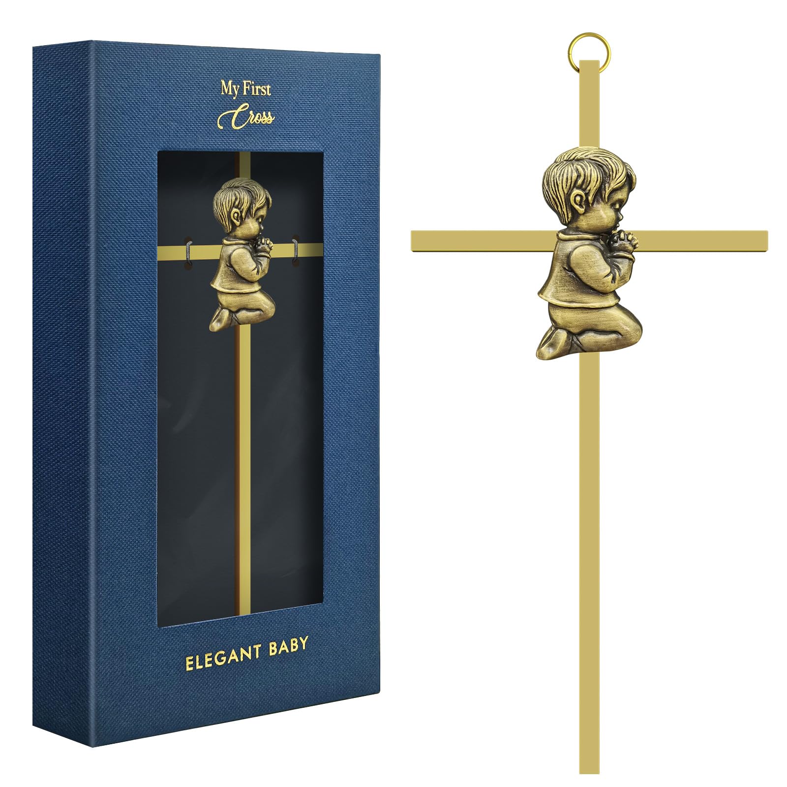 dewtick Premium Baptism Cross Boy 7.1 Inch, Super Cute and Sturdy Baby Cross Wall Baptism Gifts for First Holy Communion Christening and Dedication from Godparents, Gold