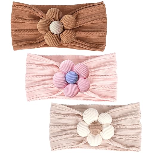 MIUXUESO 3 Pcs Baby Flower Headbands Baby Girls Nylon Headband Soft Hairbands Hair Accessories for Newborn Infant Toddler Kids (Beige,Pink,Brown)