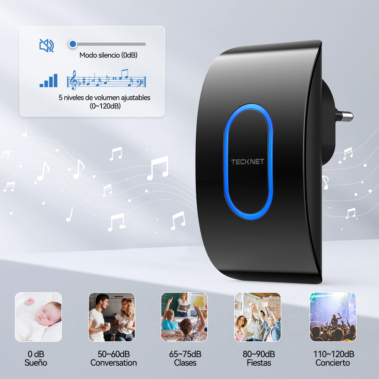 TECKNET Timbre Inalámbrico Exterior Impermeable con 3 Receptores Enchufables, IP65 Impermeable Doorbell 400M, 60 Melodías & 5 Niveles de Volumen, 3 Modos de Trabajo, Indicador LED, Negro