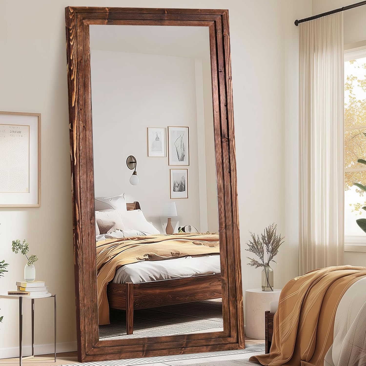 Full Length Wood Mirror 76x34 - Rustic Solid Wood Floor Mirror with Triple Layer Frame, HD Tempered Glass, Wall Mounted or Leaning Standing Mirror Vintage Brown Mirror for Bedroom Bathroom Living Room