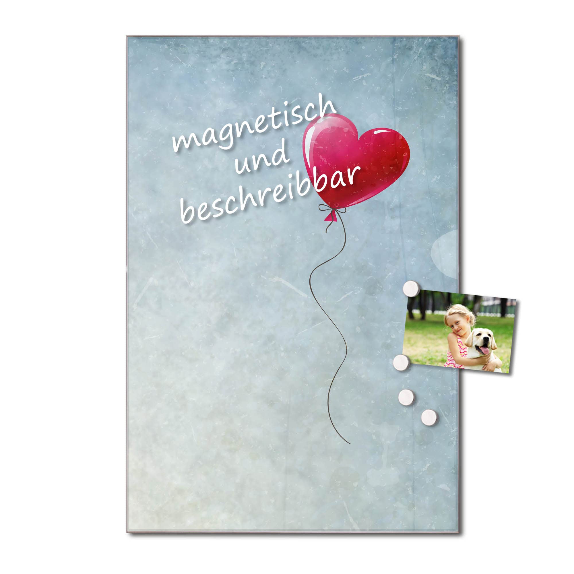 banjado Magnettafel Glas 40x60 mit Herzmotiv, beschreibbar | Persönliches Glasboard für Botschaften und Fotos, mit Motiv Herzballon voller Herzen