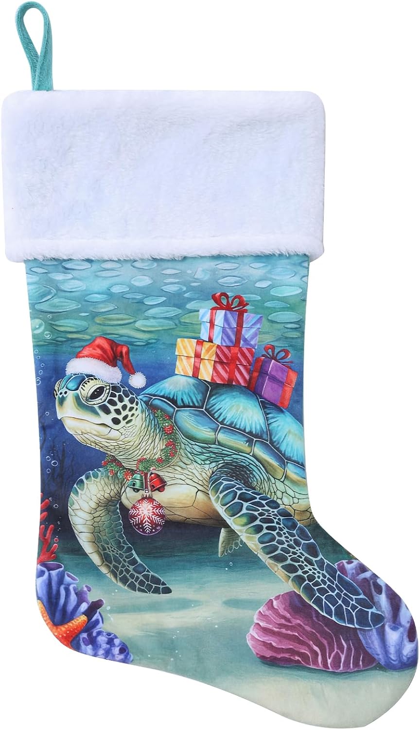 20 Inches Sea Turtle Christmas Stockings, Ocean Turtle Christmas Ornaments Large Hanging Stockings with Plush Cuff for Family Holiday Party Decorations