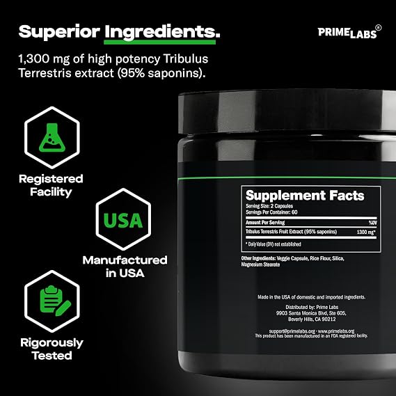 Prime Labs Tribulus Terrestris for Men 1300mg - Enhanced with 95% Saponins - Energy, Vitality, Strength - 120 Count
