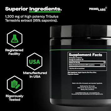 Prime Labs Tribulus Terrestris for Men 1300mg - Enhanced with 95% Saponins - Energy, Vitality, Strength - 120 Count