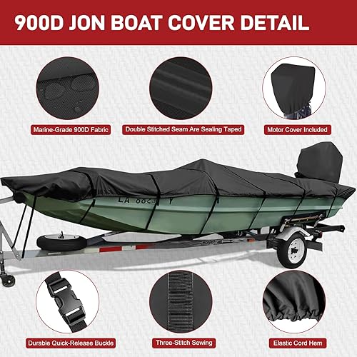 Miniatura 5 de Boatpro Jon - Funda para barco de 14 pies, 900D resistente al agua, remolcable Jon Boat de 14 pies con cubierta de motor, lona de grado marino,