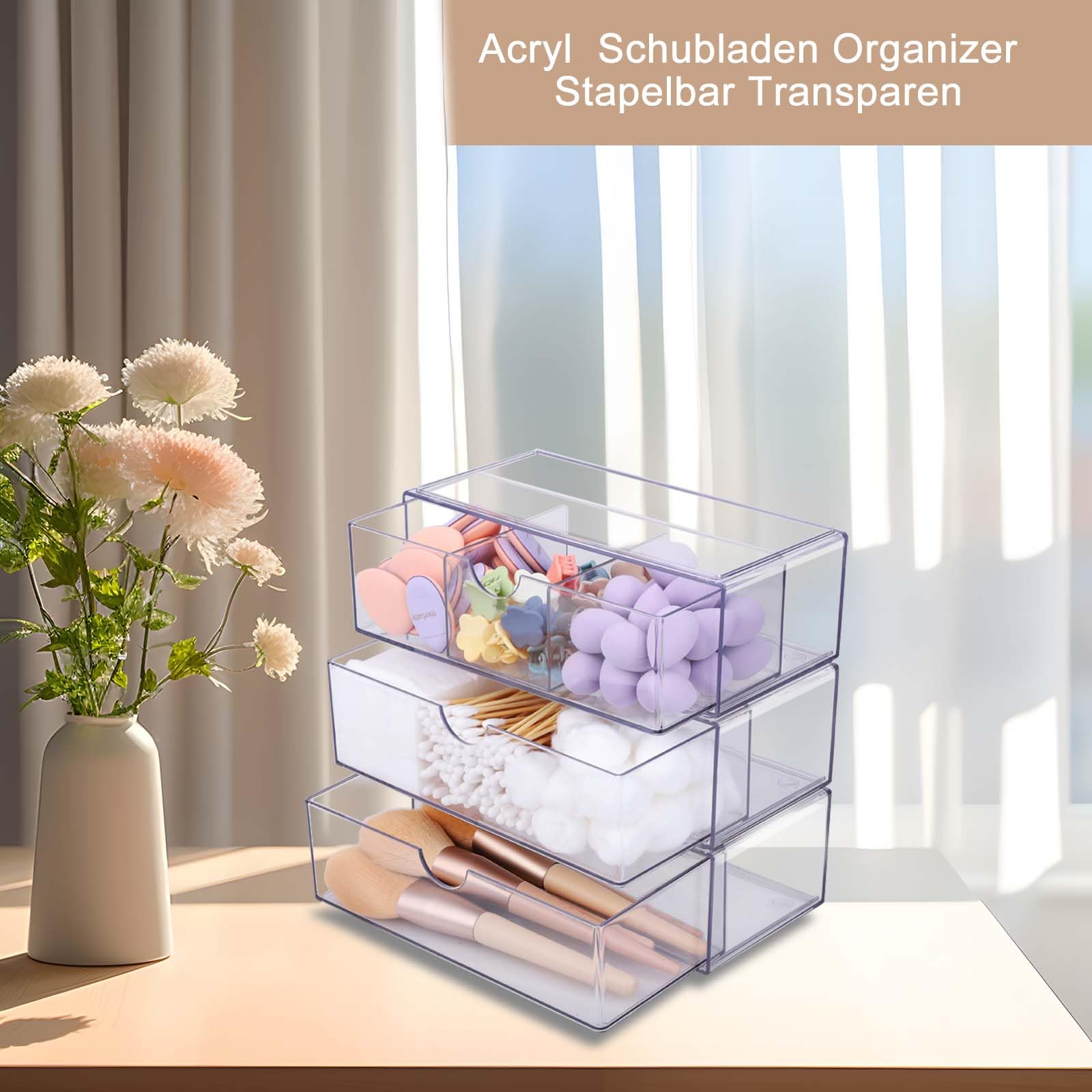 Organizer łazienkowy mini z szufladami, zestaw 3 sztuk, z akrylu, możliwość układania w stos, przezroczysty, do komody, umywalki, łazienki, szafki z lustrem wewnątrz