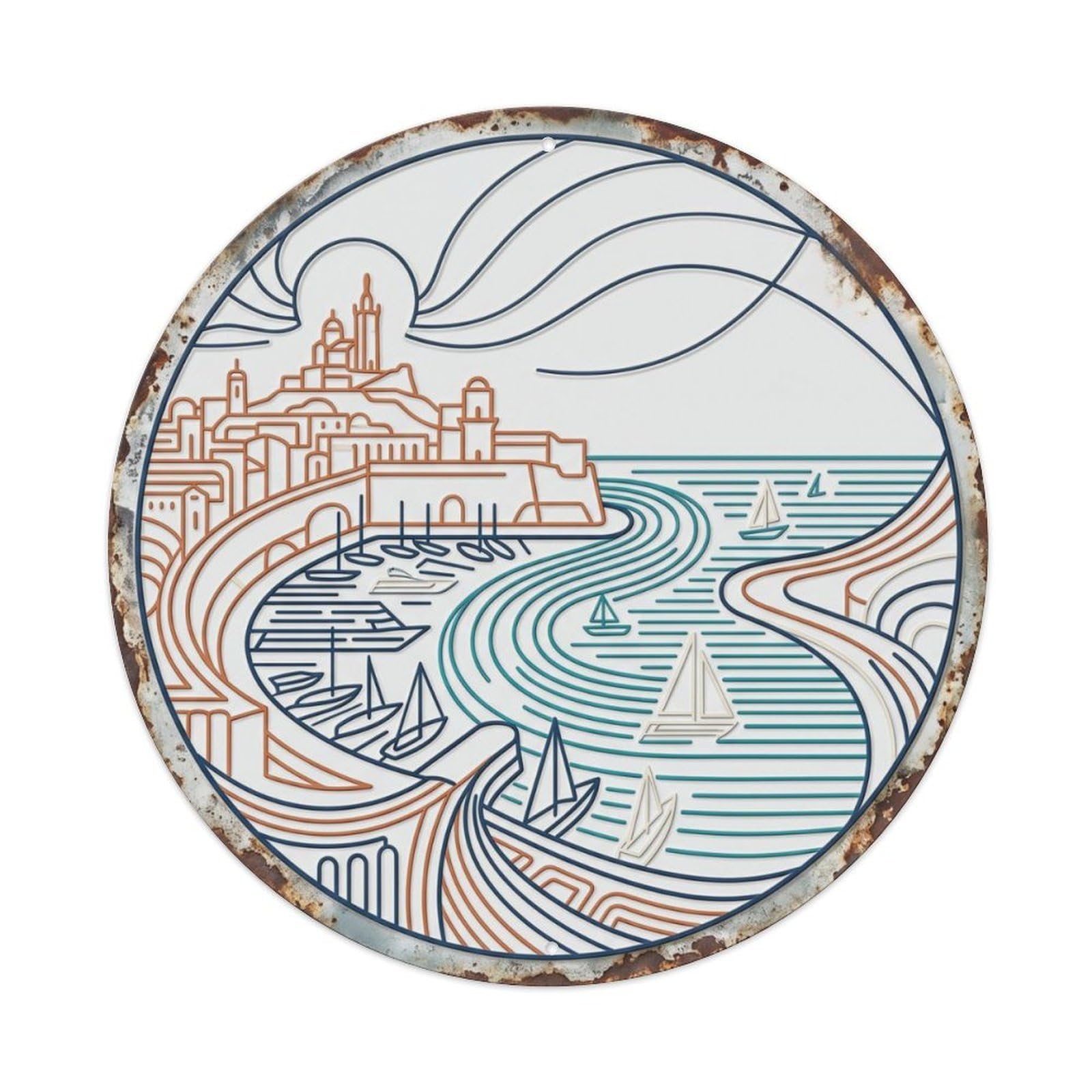 Marseille Streamline Harbor Travel Metal Tin Sign Plaque Wall Decor for Cafe, Club Bar, Office, Home Garden Round Metal Poster 8x8Inch