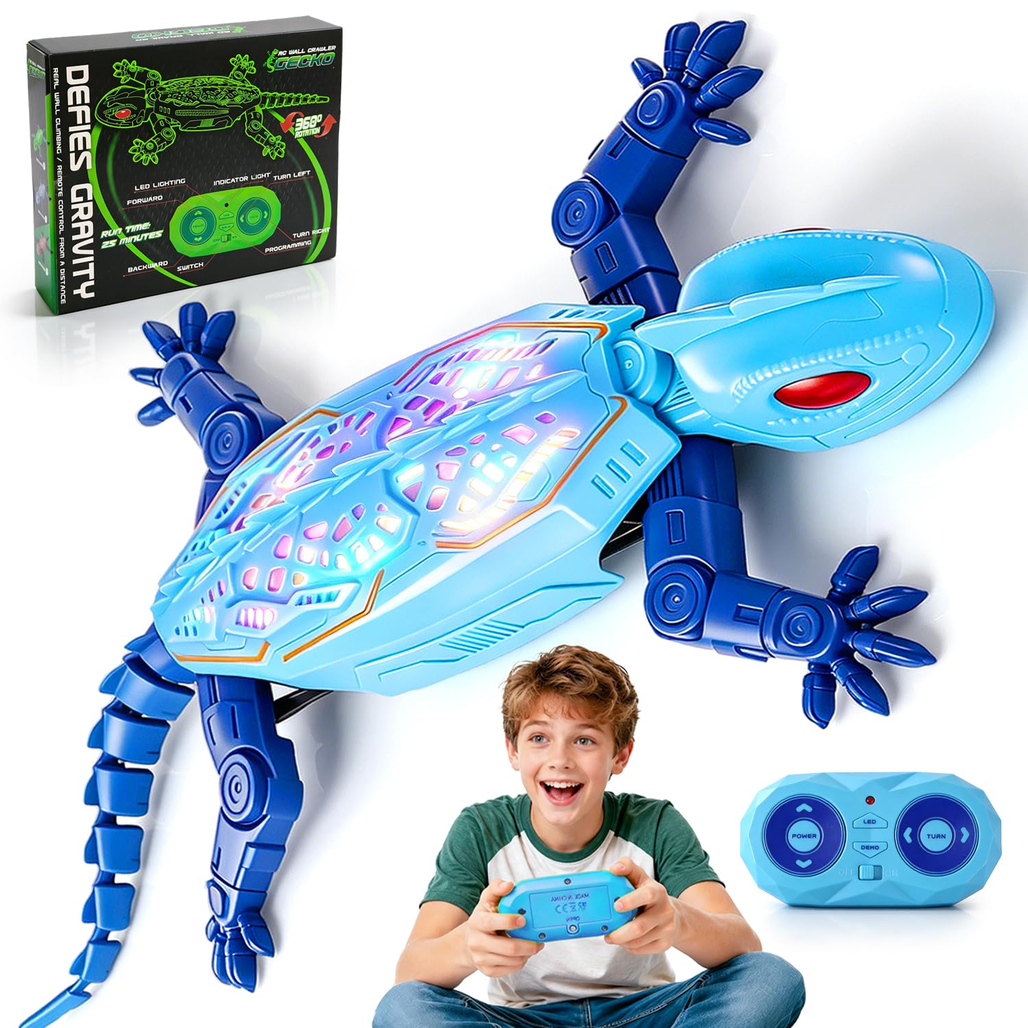 FOTSHARER Blue Wall Crawler，Rechargeable Remote Control Lizard Wall Climbing Lizard with Glowing Eyes，Remote Controlled Wall Crawler with Realistic Bionic Shape for Birthday Gifts