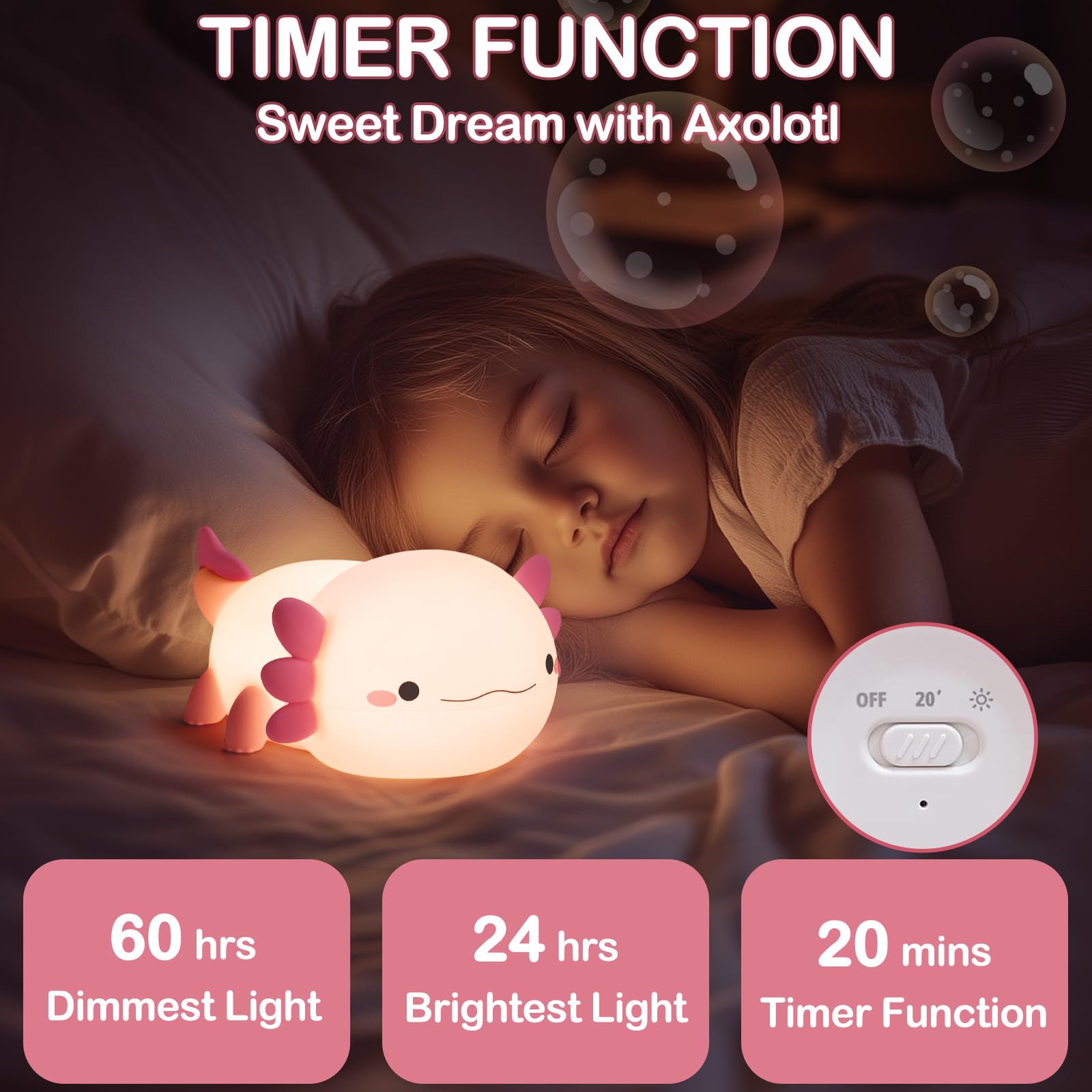 Axolotl Lampe, Axolotl Niedliches Nachtlicht, Geschenke, wiederaufladbares Nachttisch-Nachtlicht, dimmbare Squishy-Silikon-Tier-Touch-Lampe, Babyzimmer-Dekor, rosa Nachtlicht für Kinder, Teenager