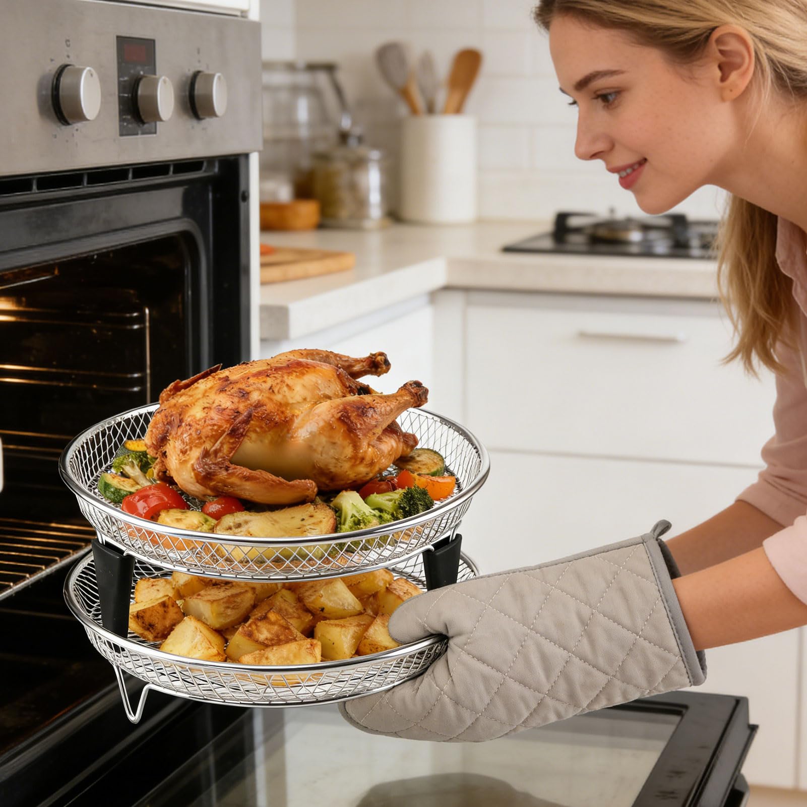 Airfryer Zubehoer, Heißluftfritteuse Zubehör Rund,Stapelbare Airfryer Gitter für Heißluftfritteuse,Air Fryer Grillrost Edelstahl 304,Einsatz für Heissluftfritteuse,für Ninja/COSORI/Philips (18cm-B)