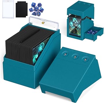 Proijeut Mtg Deck Box with Life Counter, Commander Deck Box Fits 100 Double-Sleeved Cards, Magic Card Storage Box with Commander Display & Dice Tray, Fit for MTG, TCG, CCG Teal
