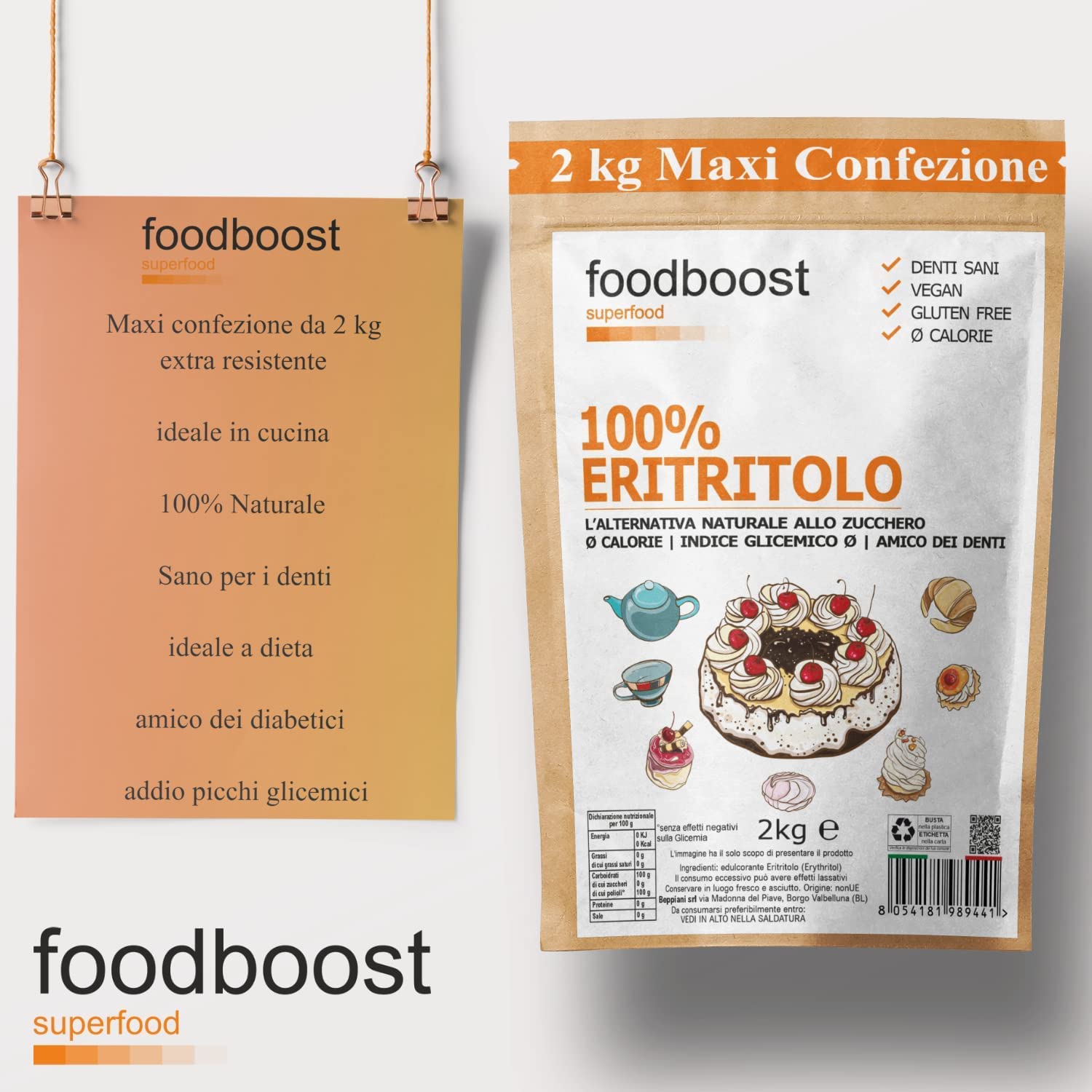 Foodboost, Eritritolo 2 kg Vegano e Senza Glutine‍ - Sostituto dello Zucchero da cucina - Dolcificante Zero Calorie, Senza Zucchero - Adatto per Diabetici e Dieta Chetogenica - Contro le Carie