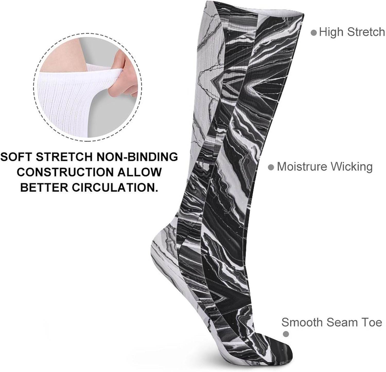5 Pairs Knee High Socks Black Marble Long Tube Boot Seamless Toe