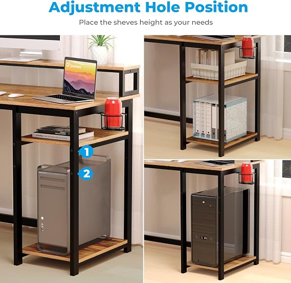 GreenForest Computer Desk with Full Monitor Stand,100 cm Home Office Desk with Reversible Storage Shelves,Small Study Desk with Headphone Hook and Cup Holder,Brown