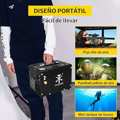 Miniatura 5 de TUXING Compresor de aire PCP de 4500 psi, apagado automático, pistola de aire de presión sin aceiteagua y bomba de tanque de paintball con separador