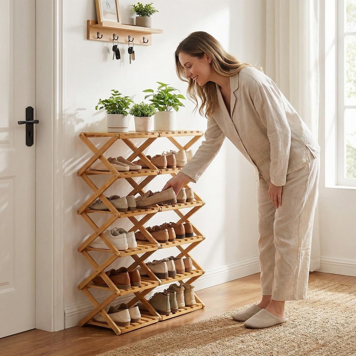 The 9-Tier No-Assembly Bamboo Rack, 3-9 Tiers Bamboo Shoe Rack, Foldable Bamboo Vertical Shoe Organizer, Multifunctional & Space-Saving, for Entryway, Closet, Corner, Bedroom, Hallway (Wood, 3Tiers)