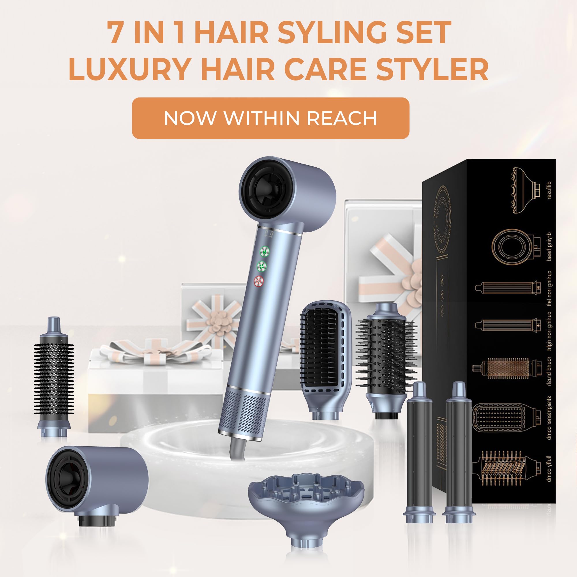 Air Styler & Spazzola Asciugacapelli 7 in 1, OKWRAP Hair Styler 110000 RPM Asciugacapelli ad Alta Velocità Asciugatura Rapida, Spazzola Modellante ad Aria Per Capelli Ricci, Volumizzante