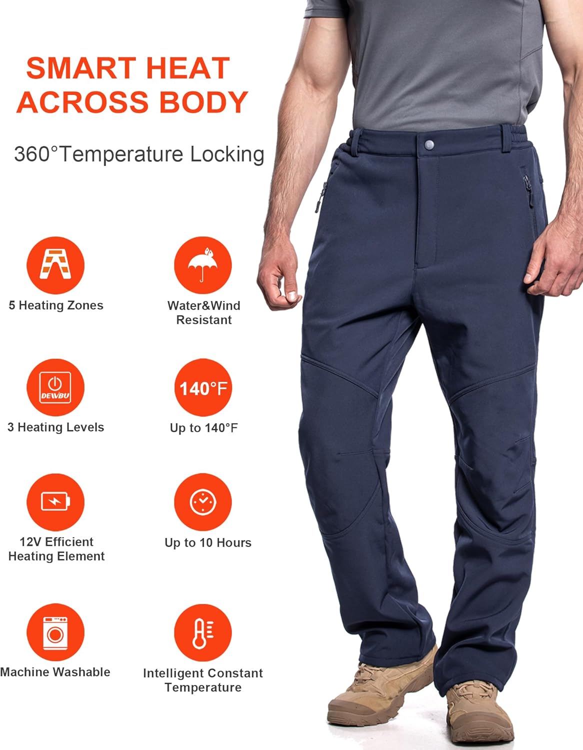 DEWBU Heated Pants for Men with 12V Battery Pack Fleece Lined Outdoor Softshell Pants Electric Heating Trousers - Image 3