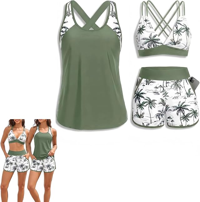 3-Teiliger Tankini Damen Bauchweg Badeanzug Große Größen mit Shorts | Tanktop mit BH,Hochbund Badeshorts,Figurformend Schnelltrocknend Sport-Bademode für Wassersport und Strandsportarten