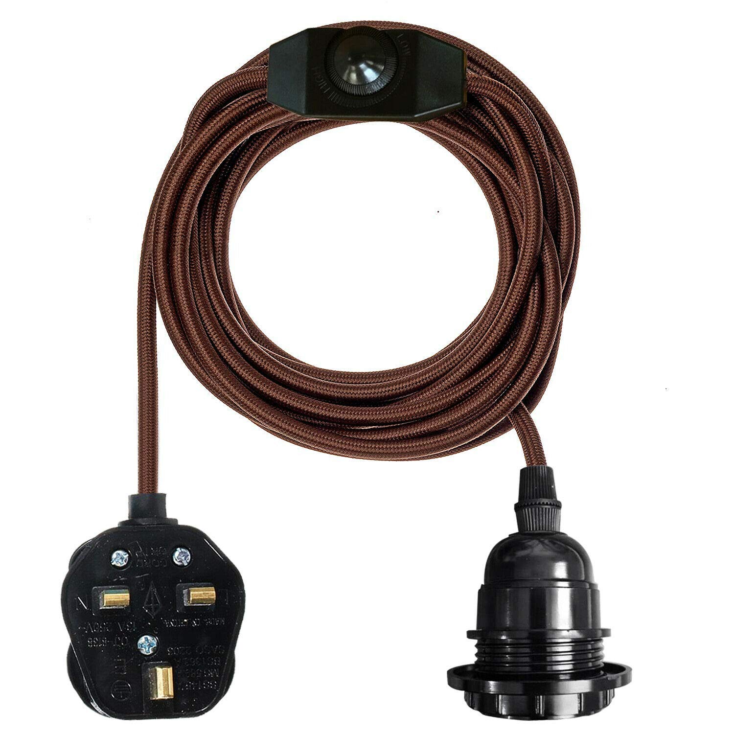 LEDSone Vintage Pendant Light Fitting with Plug in 2 meter with in-Line On/Off Switch E27 Screw Lamp Holder Industrial Style Hanging Light Fitting Kit (Brown)
