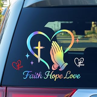 3PCS Large Christian Car Decals, Faith Hope Love Praying Hands Stickers, Rearview Mirror Jesus Cross Heart Sign Vinyl Window Bumper Graphic, Waterproof Exterior Accessories for Car Truck (Holographic)