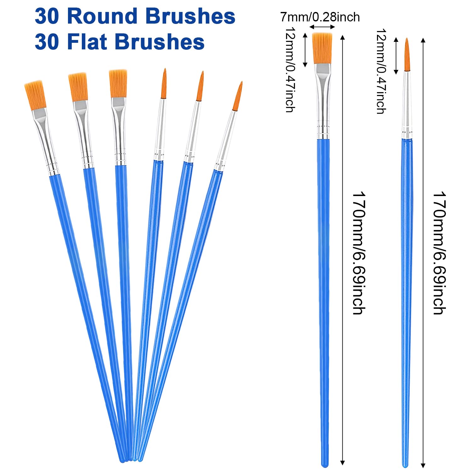 60 Pennelli Per Pittura - 30 Piatti E 30 Rotondi, Nylon, Per Acrilico, Acquerello, Bambini - Foto 3