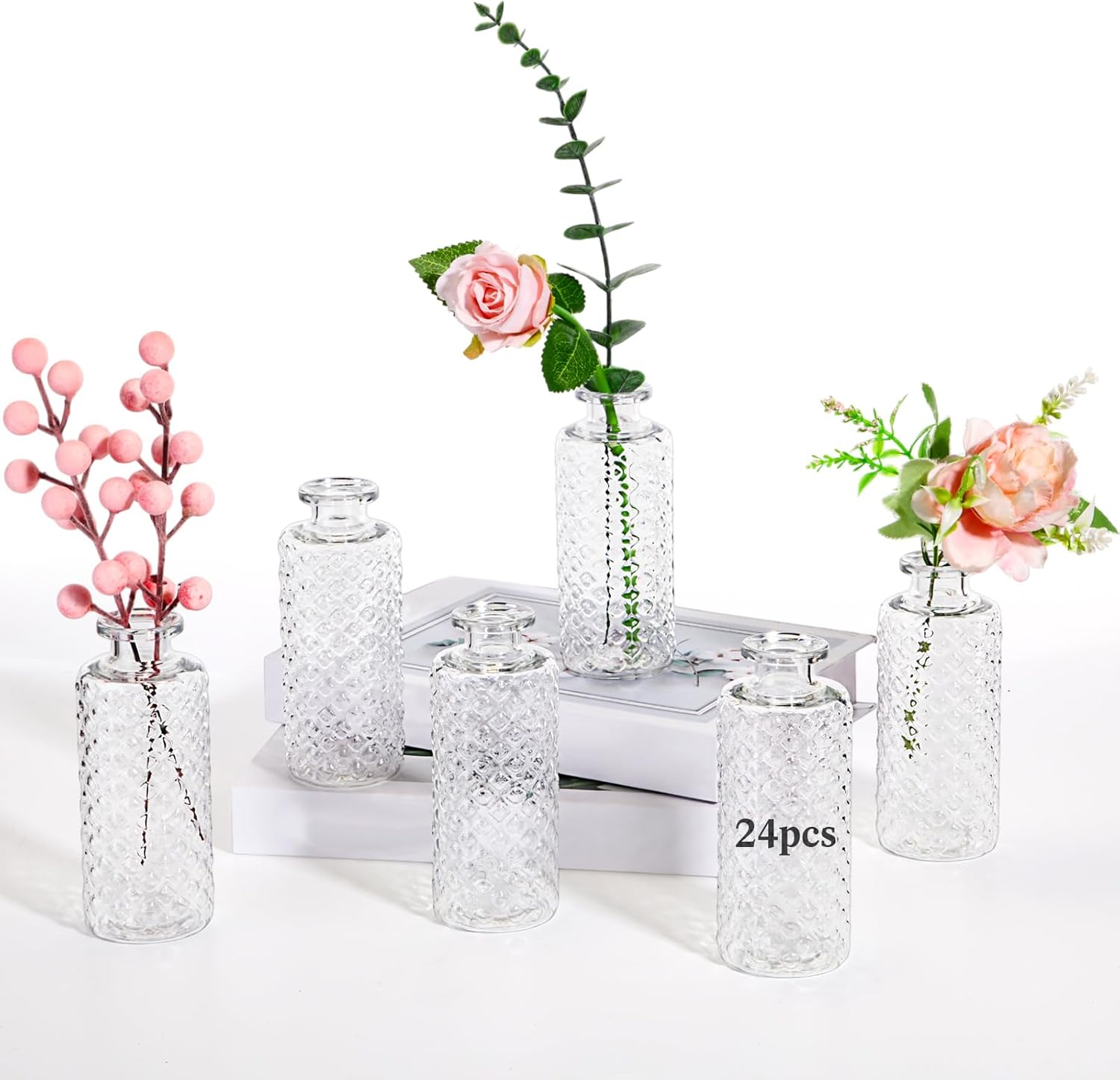 Honeydak Set of 24 Plastic Mini Bud Vases, Vintage Clear Decorative Vases Bulk for Table Centerpieces, Wedding Reception, Baby Shower, Home Decor, Housewarming Gift(Micro-Diamond) - Image 8