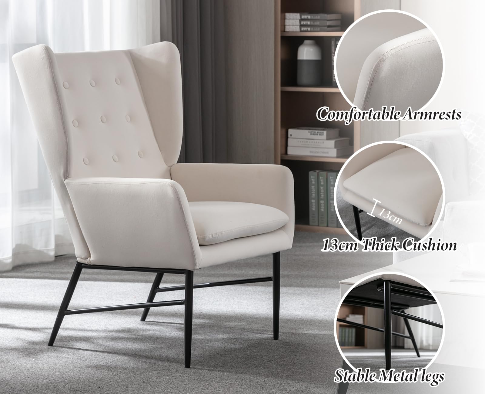 chairus Poltrona Sedia in Velluto per Soggiorno Balcone Moderna Sedia Imbottita Relax Poltroncina Lounge Salotto con Gambe in Metallo (Beige)