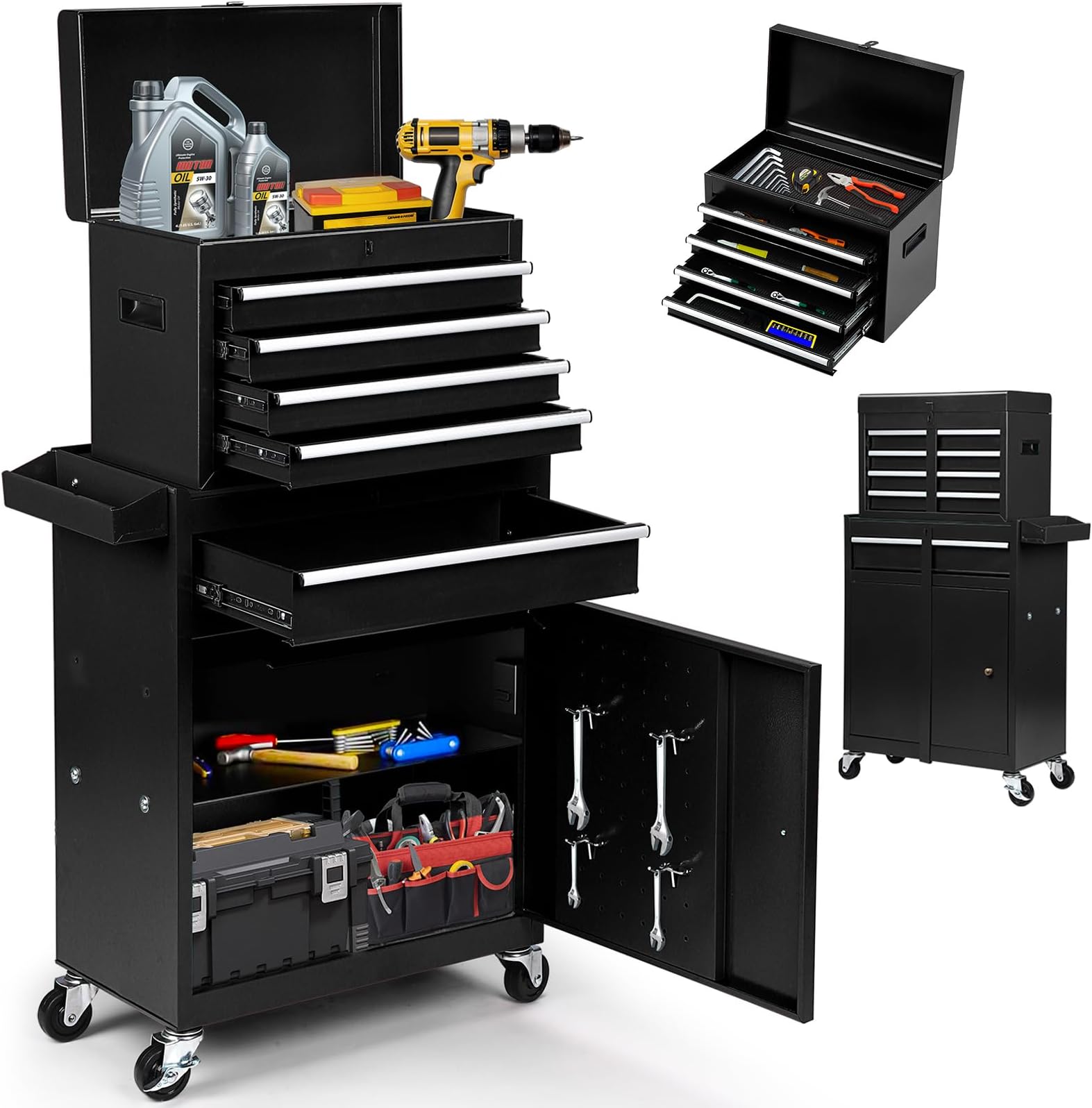 5-Drawer Rolling Tool Chest with Detachable Tool Box, Lockable Wheels, 4 Hooks, and Liner, Heavy-Duty Metal Tool Cart for Garage and Workshop Storage, Black