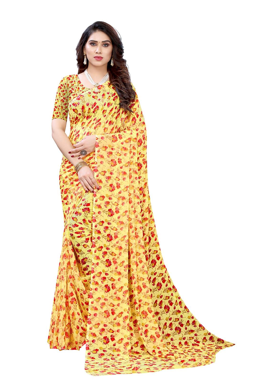 ANNI DESIGNER Women's Pure Chiffon Printed Saree Without Blouse Piece (ADVIKA YELLOW_Free Size)