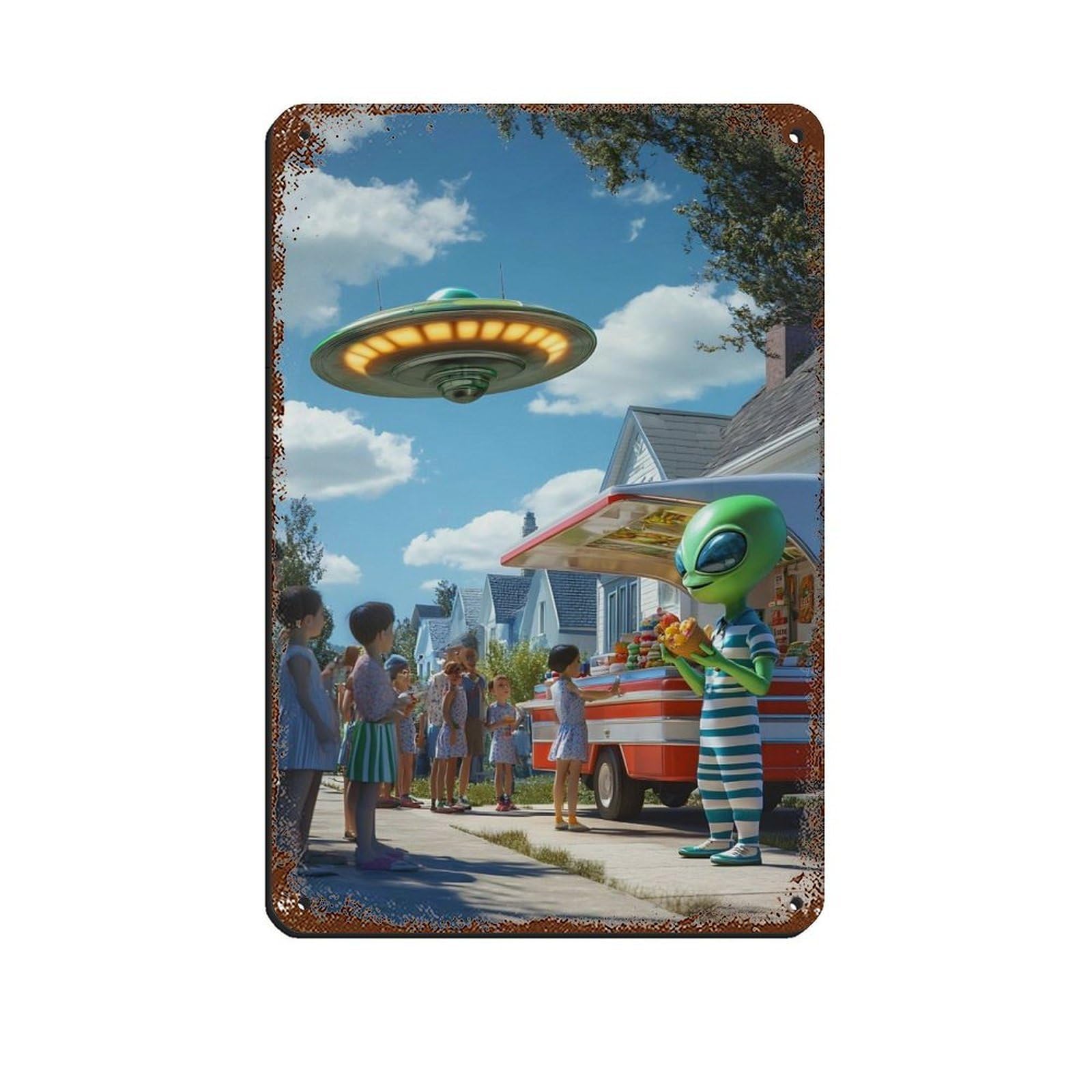 Lxwnze 20L X 30W Cm Alien Ice Cream Truck, Ufo And Alien Tin Sign Vintage Metal Pub Club Cafe Bar Home Wall Art Decoration Poster Retro 8X12inch(20X30cm)