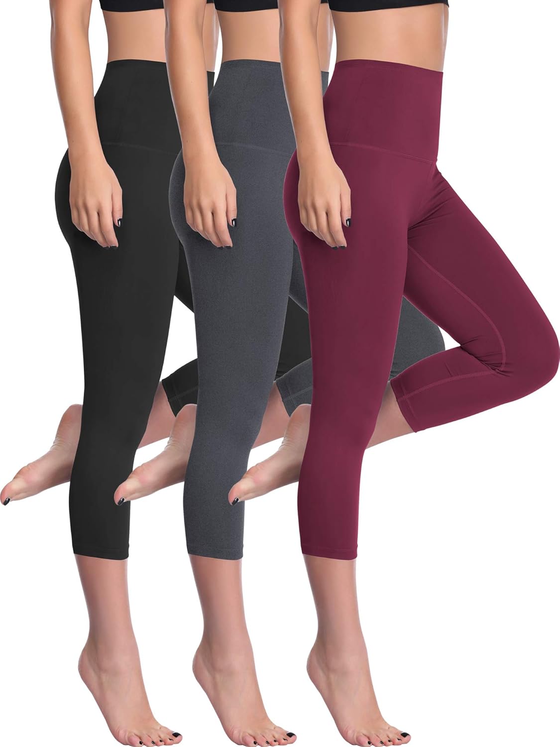 CADMUS High Waist Yoga Capri,Tummy Control,Workout Pants with Pockets for Womens,1002,Black & Grey & Wine Red,Large